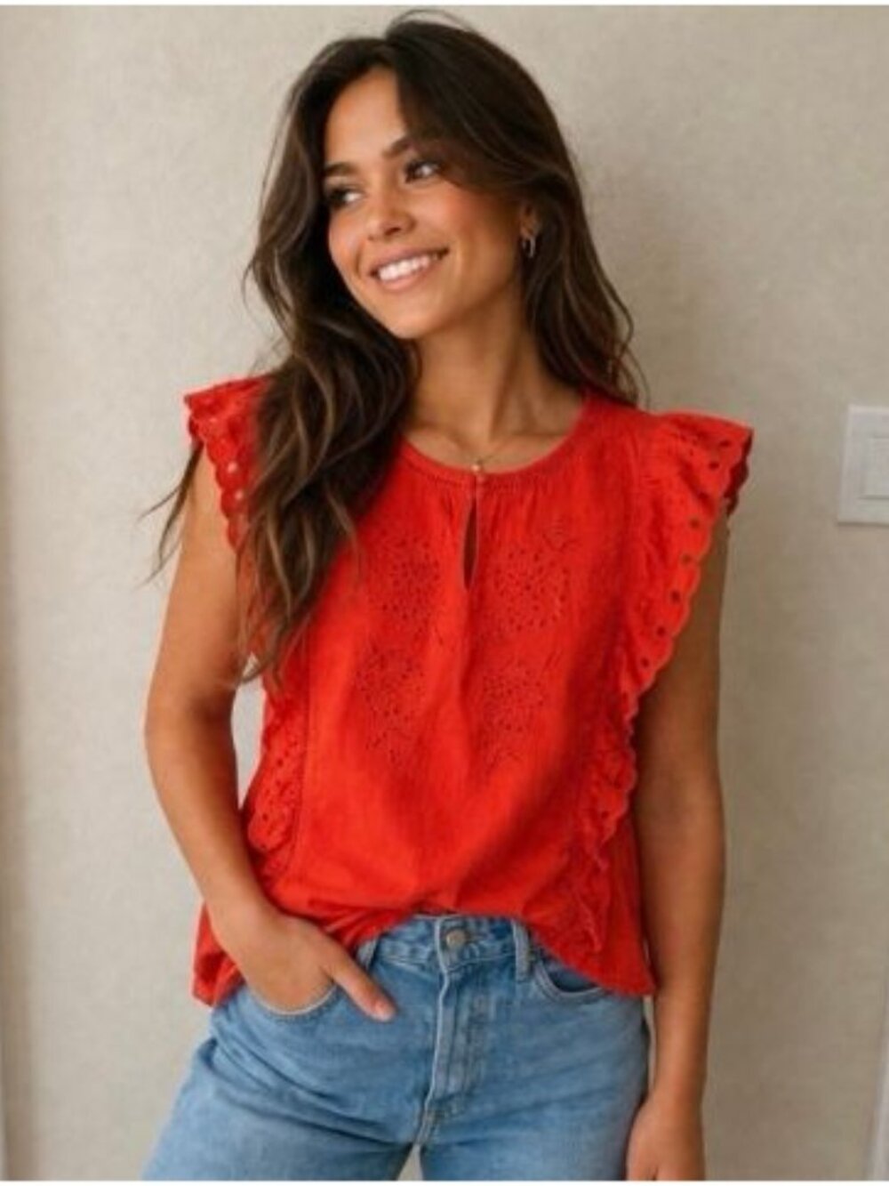 Calypso St. Barth Red Eyelet Ruffle Blouse Women’s Large Boho Cotton Top